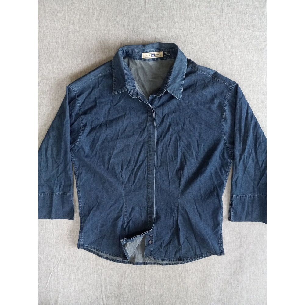Lee Women's Large Stretch Cowboy Western Button-Up Chambray Blue Shirt - Picture 1 of 13